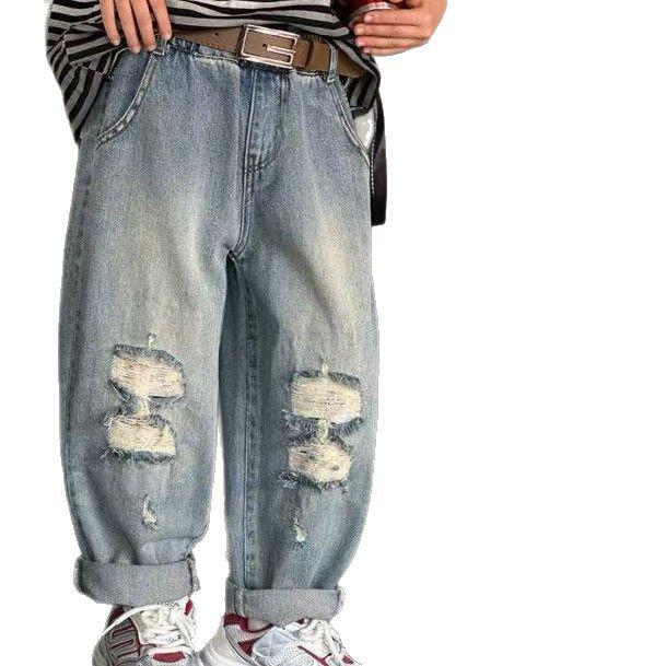 子供用ジーンズ 春秋 男女兼用 デニムパンツ 破れ加工 ミディアムウエスト 110cm 120cm 130cm 140cm 15..