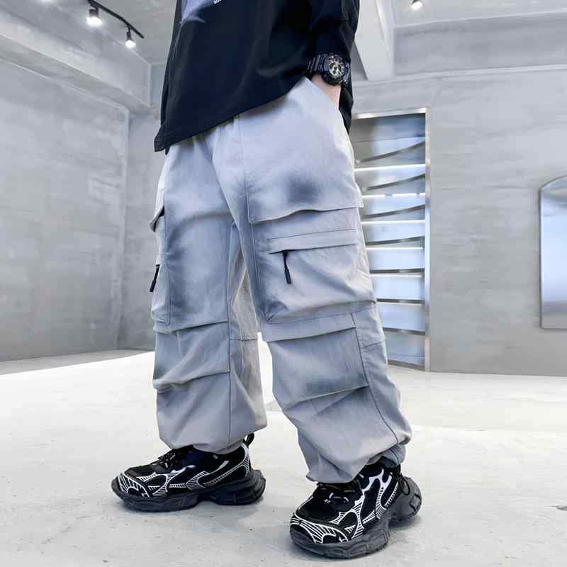 子供用パンツ ボーイズ カーゴパンツ 秋物 韓国 ゆったり スポーツ ズボン 長ズボン ウエストゴム グレ..