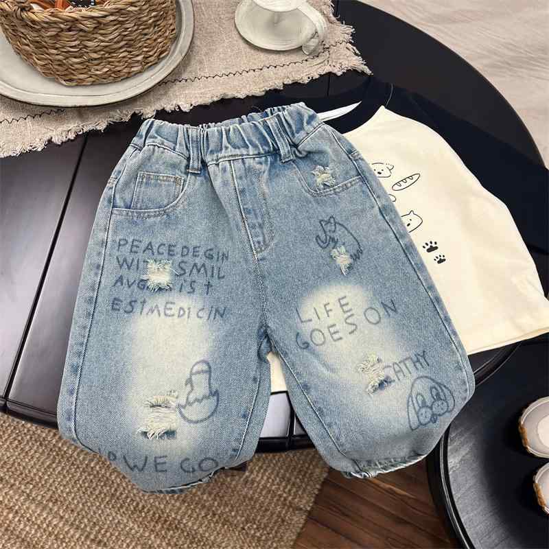 子供服 デニムパンツ 男児 長ズボン 春秋 韓国 小童 グラフィックプリント ストレート ズボン ウエスト..