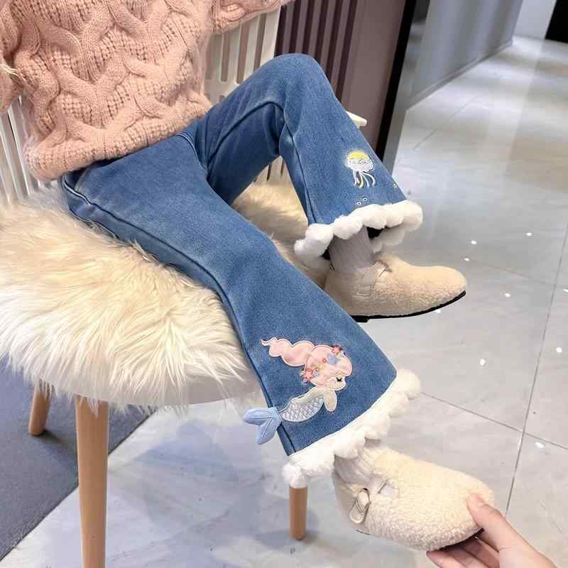 子供服 パンツ ガールズ 秋冬 デニムパンツ 裏起毛 ストレート ベルボトム ジーンズ ズボン 中小サイズ 綿 普段着 通学着