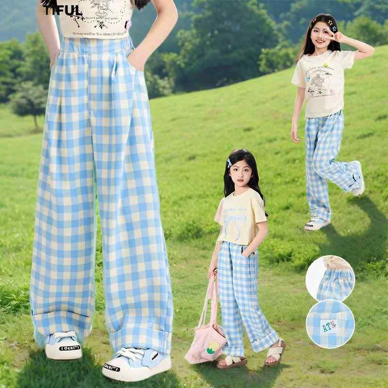 子供服 パンツ 女の子 長ズボン ブル-系 格子柄 130cm 140cm 150cm 160cm 170cm 聚酯纤维 普段着 かわ..