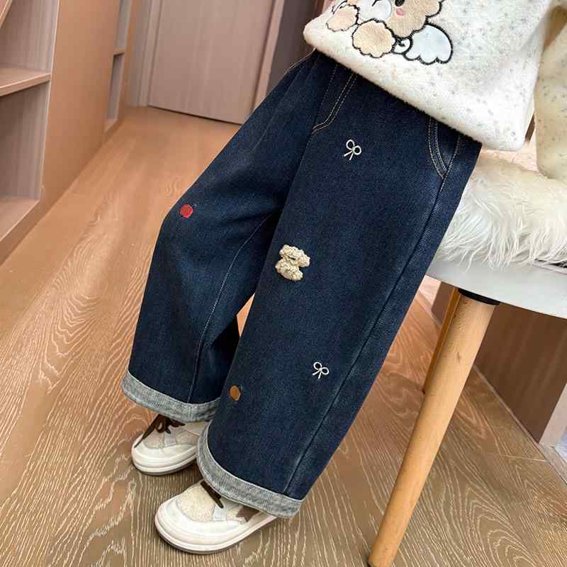 子供服 ジーンズ 女の子 デニムパンツ 刺繍 春秋 普段着 ワイドレッグパンツ ガールズ 女の子 かわいい..