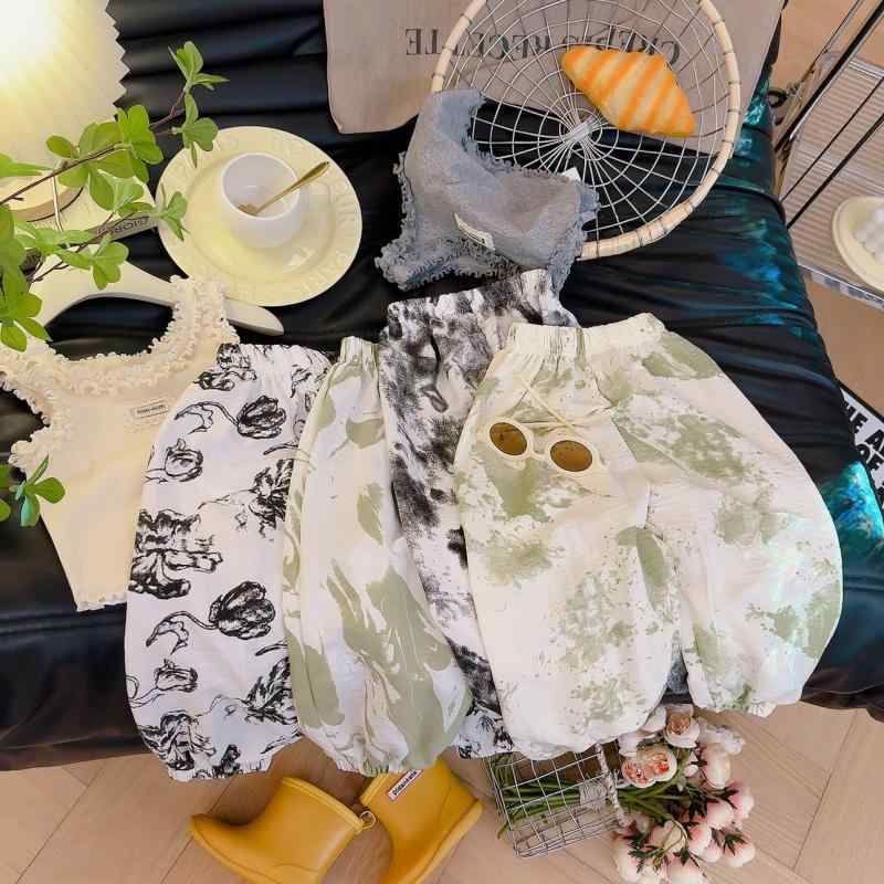 子供用パンツ ベビー服 夏 水墨柄 虫よけ 蚊 ランタンパンツ 柔らかい 通気性 幼児 格子柄 長ズボン 90..