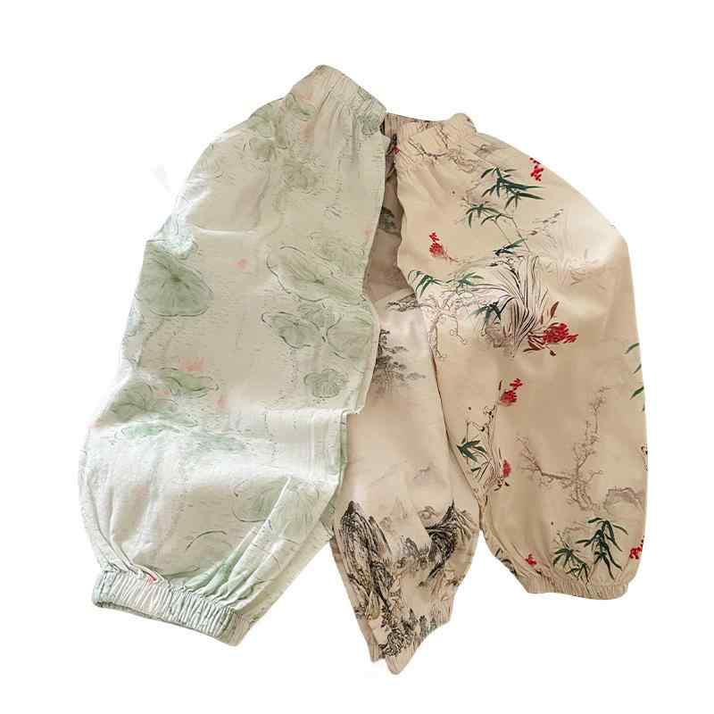 キッズ 虫よけ 蚊パンツ 女の子 子供服 水墨画柄 綿 接触冷感 薄手 ズボン 中小童 100~140cm 梅 竹 蘭 ..