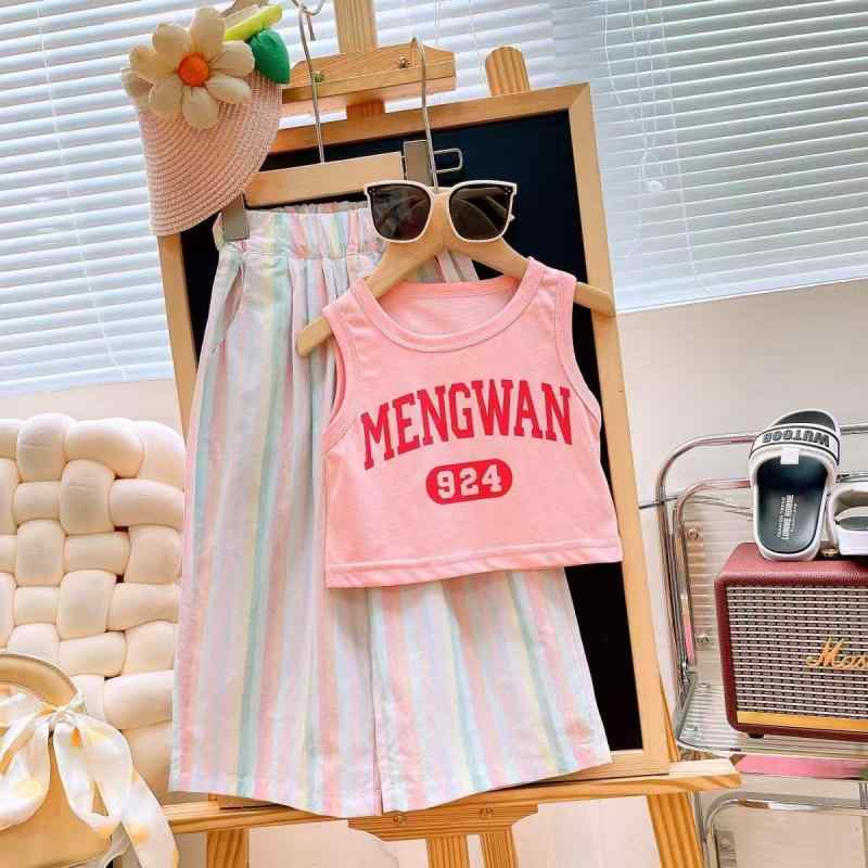 子供用タンクトップ セットアップ 女の子 夏物 子供服 ストライプ柄 ワイドレッグパンツ ポリエステル ..