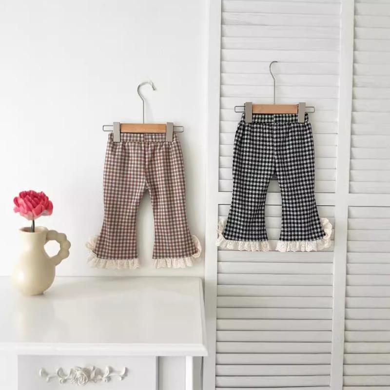 子供服 パンツ 女の子 チェック柄 レース フリル ベルボトム ロングパンツ 春秋 かわいい ガールズ ボトムス 黒白 焦げ茶 66cm 73cm 80cm 90cm 100cm 110cm 120cm