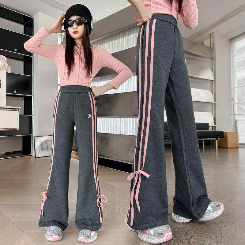 子供服 パンツ 女の子 美式 レトロ ストライプ リボン 結び 高学年 高腰 運動着 ズボン グレー 120cm 1..