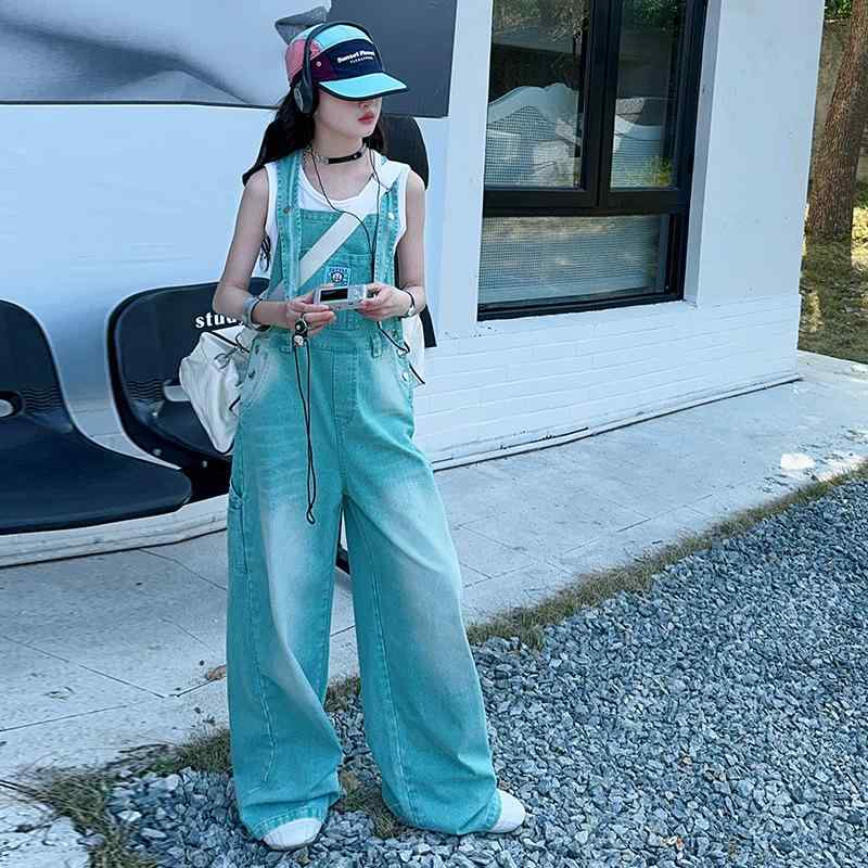 キッズ デニム オーバーオール 女の子 夏 ゆったり カジュアル ロングパンツ 子供 B類 8歳以上 ホワイ..