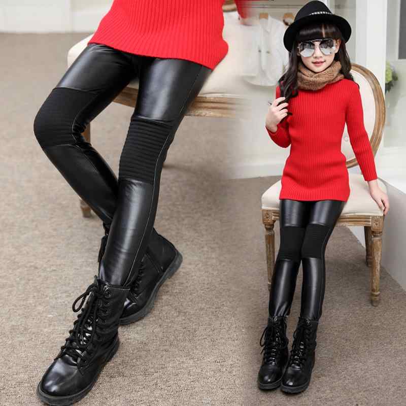 子供服 パンツ ガールズ PUレザーパンツ 裏起毛 厚手 ロングパンツ 黒 中大童 中腰 ゴムウエスト 無地 ..