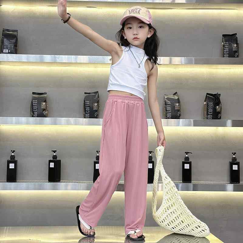 キッズ 長ズボン 子供 女の子 接触冷感 ワイドレッグパンツ UVカット 高学年 薄手 ゆったり 涼しい 紫..