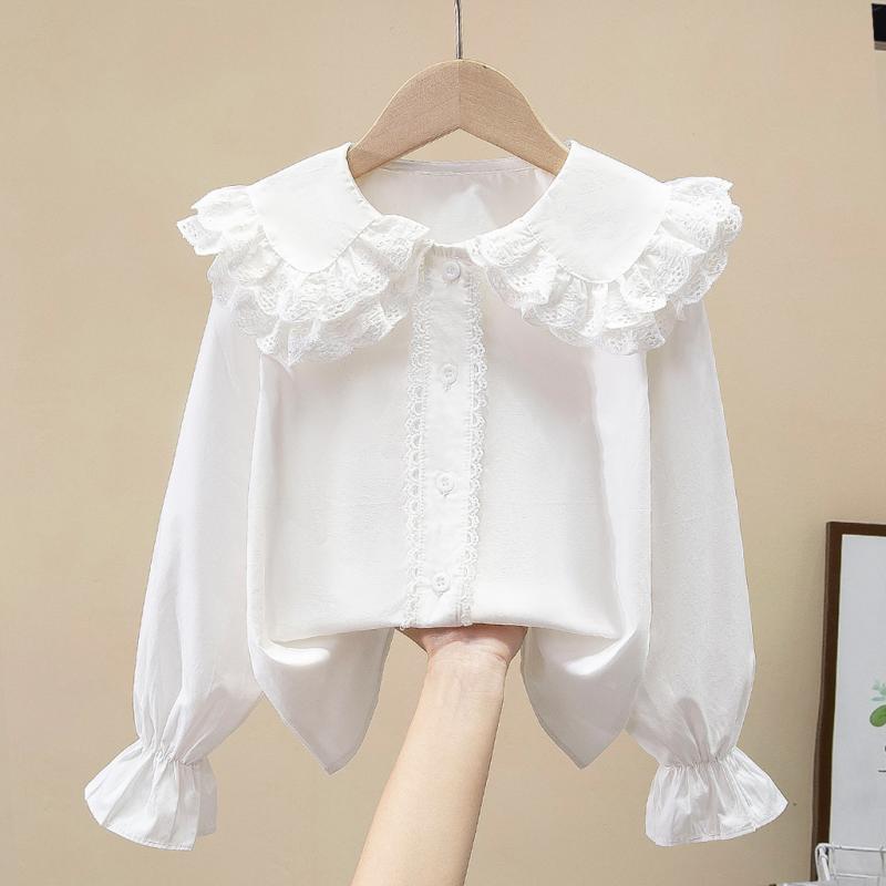 シャツ ガールズ 子供服 ブラウス 春秋 綿 丸襟 長袖 白 ホワイト 通学 普段使い