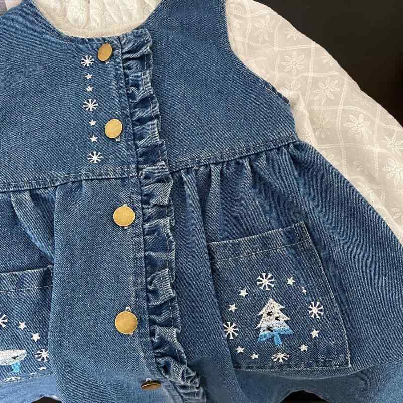 ワンピース キッズ レース 刺繍 デニム ジャンパースカート 2点セット 長袖 シャツ 春秋 女の子 子供服..