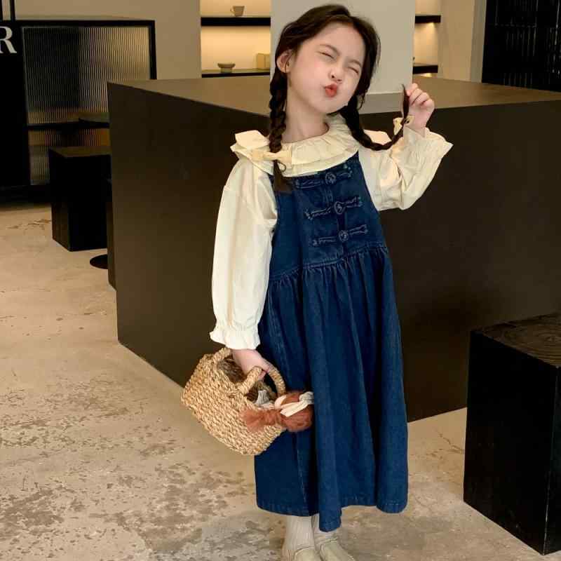 キッズ セットアップ 春秋 女の子 子供服 2点セット ドール襟 シャツ デニム ジャンパースカート 綿95%..