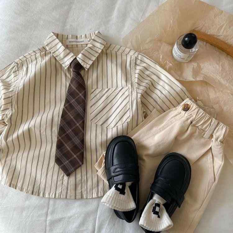 シャツ キッズ 長袖 ストライプ 春秋 男女兼用 韓国 子供服 襟付き コットン 80 90 100 110 120cm(x2)