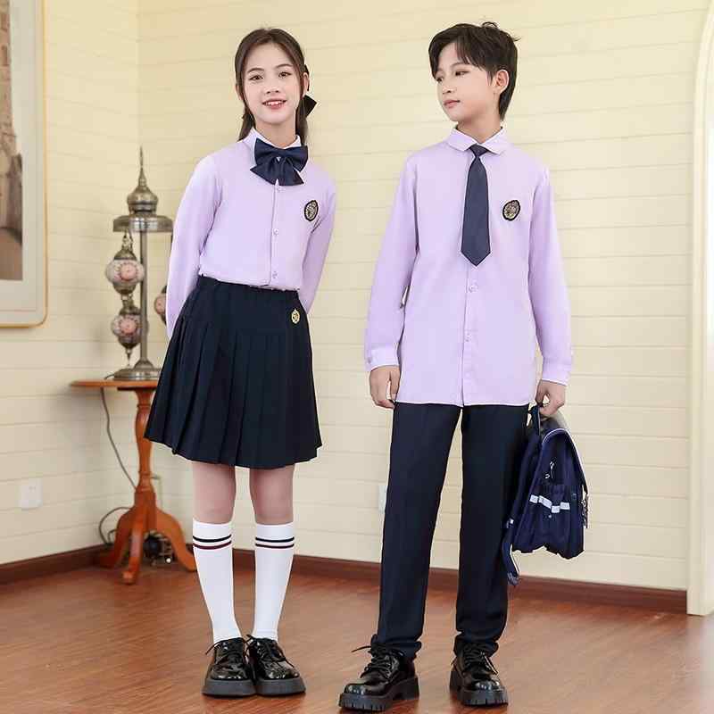 セットアップ キッズ 男女兼用 フォーマル スーツ 紫色シャツ 紺色パンツ スカート 子供 小学生 幼稚園 制服 発表会 合唱 演出服 春秋