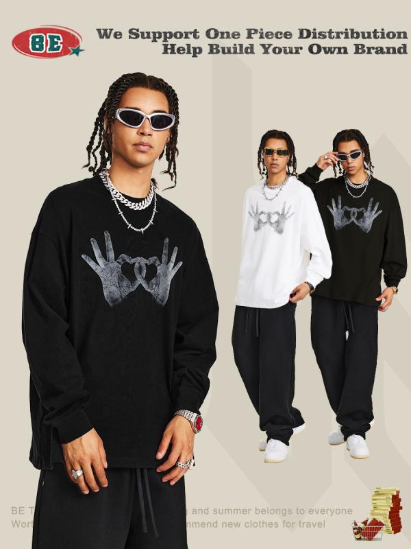 Tシャツ メンズ 男性用 長袖 コットン ゆったり プリント ドロップショルダー カジュアル 普段使い3