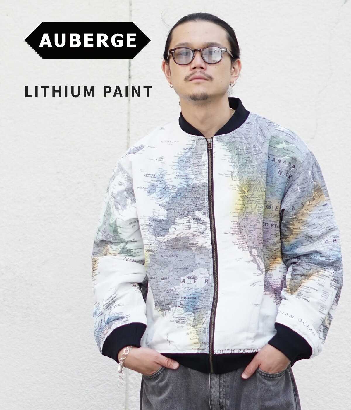 AUBERGE / オーベルジュ : LITHIUM PAINT : リチウムペイント アウター ブルゾン ジャケット ジャンパー 世界地図柄 ハンドペイント シンプル MA-1風 ジップブルゾン ジャガード織り ハンドペイント ゆったりシルエット カジュアル : AU23A09【BJB】