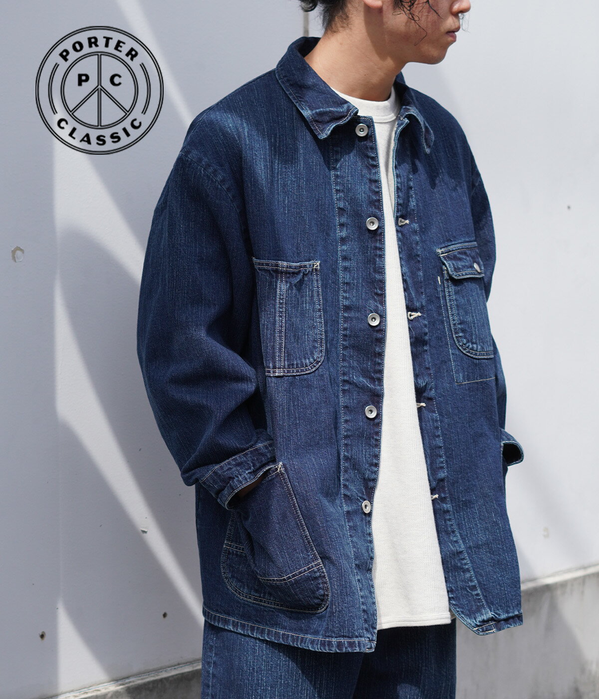 Porter Classic / ポータークラシック : STEINBECK DENIM COVERALLS : スタインベック デニム カバーオール セットアップ デニムジャケット エイジング加工 コットン オーバーシルエット メンズ ネイビー デニムファブリック 定番ウェア : PC-005-2142【COR】