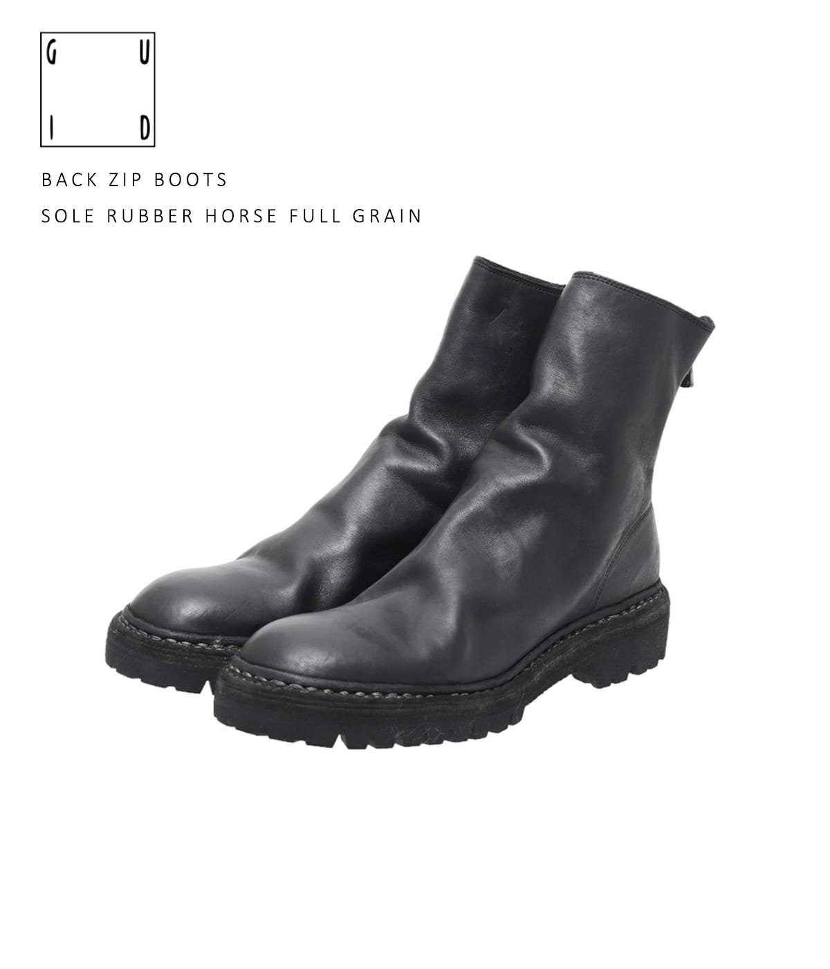 GUIDI / グイディ : BACK ZIP BOOTS SOLE RUBBER HORSE FULL GRAIN : バックジップブーツ レザーシューズ ブーツ ソールラバー ホースフルグレイン 2重ステッチ エクセラ ホースレザー タンクソール アンクル丈 メンズ ブラック : 796VN-HORSE