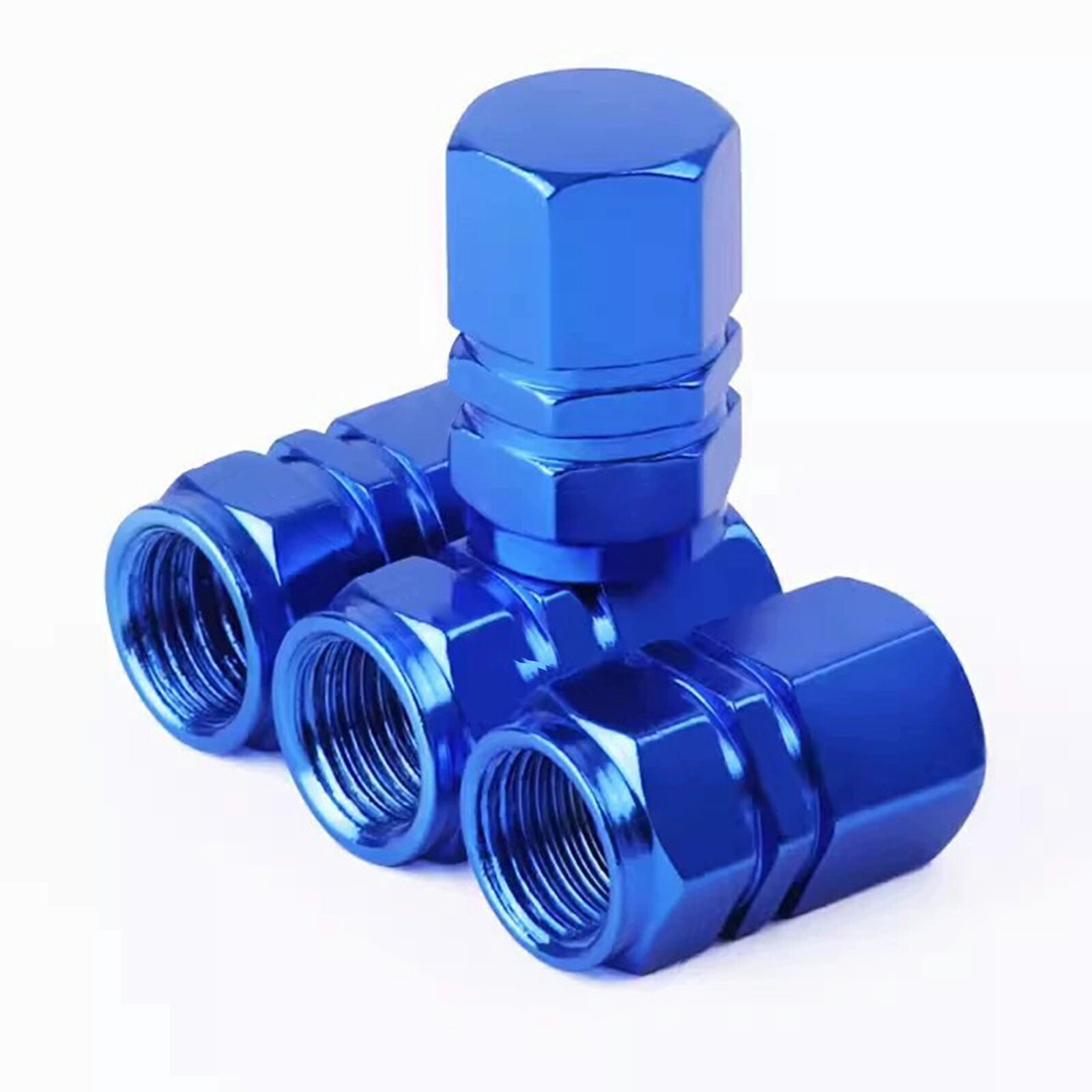 自動車エアバルブ　タイヤバルブ　車のバルブヘッド保護キャップ　改造用バルブキャップ　タイヤバルフコア交換用キャップ　タイヤパーツ　アルミ製 軽量 高強度　4個入り （ブルー）