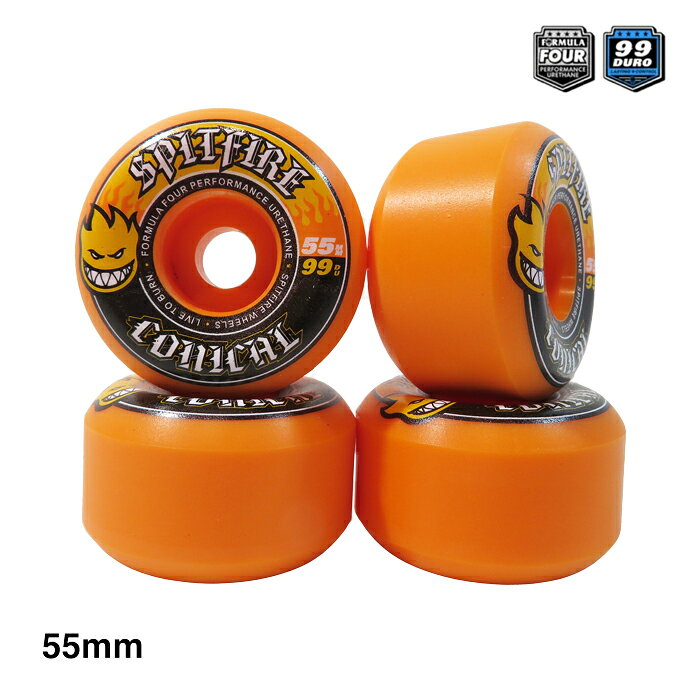 SPITFIRE WHEELS (スピットファイヤー・ウィール) が独自に開発した"FORMULA FOUR"。 従来のウィールよりも1.5倍は耐久性が増し、重量も軽く、スピードが速く、パンクしないウィールです。 トリック向きのハードウィールです。 CONICALシェイプは地面との接地面を太すぎず、細すぎずの幅に設定することにより、安定感があり、太すぎないので、スライドも入れやすいオールラウンドなウィールです。 サイズ：55 mm 硬度 : 99 Du ウィール幅：34.5mm 接地面 : 21mm シェイプ：CONICAL Color : Orange 注意：モニターの発色の具合によって実際のものと色が異なる場合がございます。SPITFIRE WHEELS / FORMULA FOUR / CONICAL SHAPE / 99Du / 55mm / ORANGE