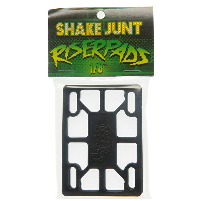 BAKER SKATEBOARDSのプロスケートボーダーShane Heylプロデュースのハードウェアカンパニー"SHAKE JUNT" Shane Heylや専属フィルマーBeagleのファニーなアイディアなどが詰め込まれています。 トラック2台分 : 2枚入り1セットになります。 トラックとデッキの間に装着し高さを上げれます。 大きいウィールを装着する際などにおすすめです。 プラスチック製のパッドです。 1/8インチのパッドを装着の際には1インチ以上の長さのビスが必要になります。 トラックのメーカーによりビス穴の位置が変わる為、若干ずれて装着する場合もあります。 注意：モニターの発色の具合によって実際のものと色が異なる場合がございます。SHAKE JUNT / RISER PAD 1/8"インチ