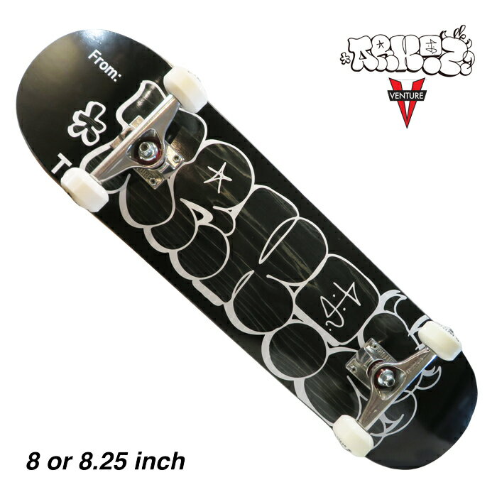 【デッキ】arktz THROW UP LOGO DECK BLACK BLACK 8(20.5cm) or 8.25(21.1cm)インチ 【トラック】VENTURE TRUCK 5.25HI or 5.25 LOW or 5.6HI 【ウィール】ARKTZ 53mm 99A WHITE 【ベアリング】REPTILE ABEC 5 ※当店オリジナルデッキテープ&スケートボードバッグ付き。 トリック向きのコンプリートセットです。 デッキのサイズは人気の8か8.25インチです。 トラックはベンチャー、ウィールはアークティーズ オリジナルハードウィールのセットです。 安定性に優れたVETURE TRUCKSです。 デッキのサイズが8インチの場合のトラックサイズは5.25、 デッキのサイズが8.25インチの場合はトラックサイズが5.6がデッキ幅に合います。 トラックサイズ5.25はHIかLOWか高さを選べます。 HIとLOWで約5mm高さが変わります。 LOWトラックを使用する場合は地面から近く、オーリーする場合弾きやすいです。 HIトラックは54mm以上のウィールを装着でき、オーリーする場合に高さがでる分、角度をつけられます。 ハードウィールはトリックの練習に適したウィールです。 ウィールはホワイトです。 ウィールがブラックのコンプリートもございます。 こちらの完成品はスケボー初心者の方にオススメです。 デッキテープは全面にブラックが貼ってあります。 カラー：ブラック 注意：モニターの発色の具合によって実際のものと色が異なる場合がございます。arktz THROW UP LOGO BLACK BLACK x VENTURE TRUCK(ベンチャートラック) × ARKTZ WHEEL 53mm WHITE コンプリートセット 8 or 8.25インチ