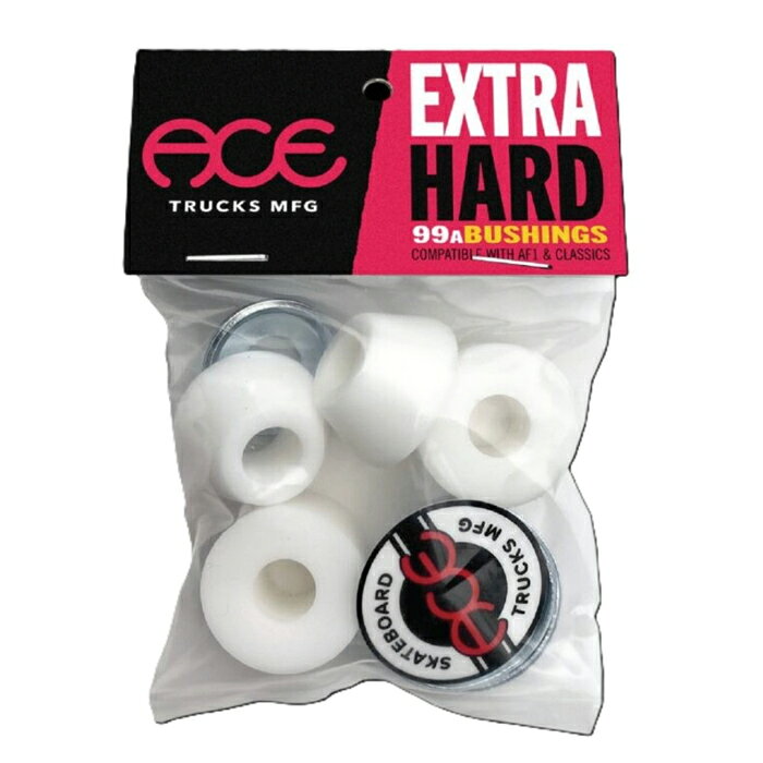 ACE TRUCKS のHIGHトラック専用純正ブッシュです。 ACE Classics , AF1共に対応します。 数字が低い方が柔らかく、数字が高い方が硬くなります。 ブッシュの硬さでトラックの曲がり具合が変わります。 硬度 : EXTRA HARD TOP : 99A BOTTOM : 99A カラー : WHITE 注意：モニターの発色の具合によって実際のものと色が異なる場合がございます。ACE TRUCKS (エース・トラック) / HIGH Standard Bushings / Extra Hard