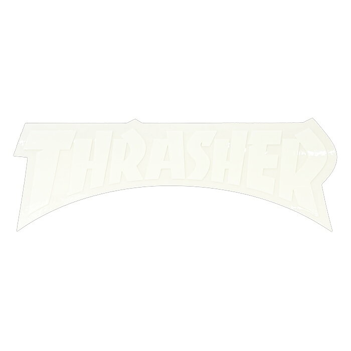 世界一のスケートボードメディア"THARSHER MAGAZINE"（スラッシャー・マガジン） DIE CUT LOGOのステッカーです。 SIZE 約 14.6 x 5.2 cm 注意：モニターの発色の具合によって実際のものと色が異なる場合がございます。THRASHER MAGAZINE / DIE CUT LOGO STICKER 5.75"inch / WHITE / ステッカー