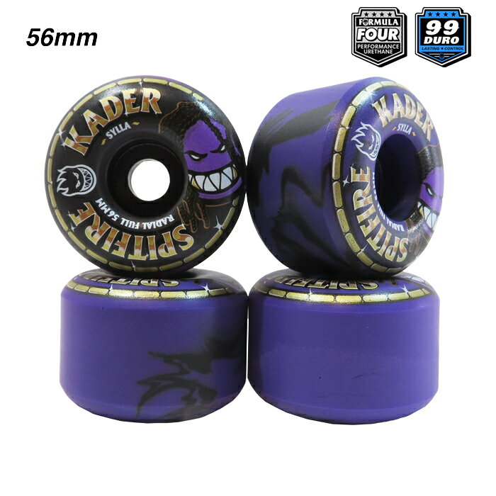 SPITFIRE WHEELS (スピットファイヤー・ウィール) が独自に開発した"FORMULA FOUR" 従来のウィールよりも1.5倍は耐久性が増し、重量も軽く、スピードが速く、パンクしないウィールです。 トリック向きのハードウィールです。 RADIAL FULLシェイプは地面との接地面をRADIALシェイプより広く設定し、安定感が更に増します。 丸みを帯びた形状により、スラッピーも入りやすいです。 グラインド時はホールド感が増し、グラインドトリックが安定します。 アクセルナットが内側に入ることにより、アクセルナットが壊れることを防ぎます。 KADER SYLLA ROLLYシグネーチャーモデルです。 サイズ：56mm ウィール幅：39mm 接地面 : 26mm 硬度 : 99DURO シェイプ：RADIAL FULL 注意：モニターの発色の具合によって実際のものと色が異なる場合がございます。SPITFIRE WHEELS / FORMULA FOUR / RADIAL FULL "KADER SYLLA ROLLY" BLACK PURPLE / 99Du / 56mm
