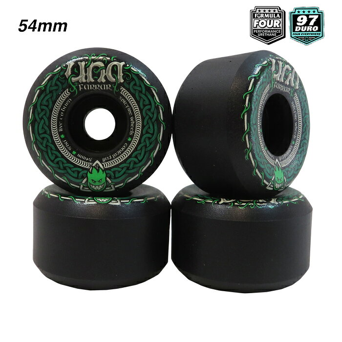 SPITFIRE WHEELS (スピットファイヤー・ウィール) が独自に開発した"FORMULA FOUR"。 従来のウィールよりも1.5倍は耐久性が増し、重量も軽く、スピードが速く、パンクしないウィールです。 トリック向きのハードウィールです。 CONICAL FULLシェイプは地面との接地面を広くし安定感があります。 グラインド時の縁石との接地面は少なく、スムーズなグラインドが可能。 通常のコニカルシェイプより深く内側にえぐることにより、重量も抑えられ、コニカルフルシェイプでもコニカルシェイプと重さがほぼ変わりません。 UNA FARRARシグネーチャーモデルです。 サイズ：54 mm 97 Du ウィール幅：34 mm シェイプ：CONICAL FULL 注意：モニターの発色の具合によって実際のものと色が異なる場合がございます。SPITFIRE WHEELS（スピットファイヤー・ウィール）FORMULA FOUR (F4) ウィール CONICAL FULL (コニカルフル) SHAPE "UNA FARRAR TRINITY" 54mm 97Du WHEEL BLACK