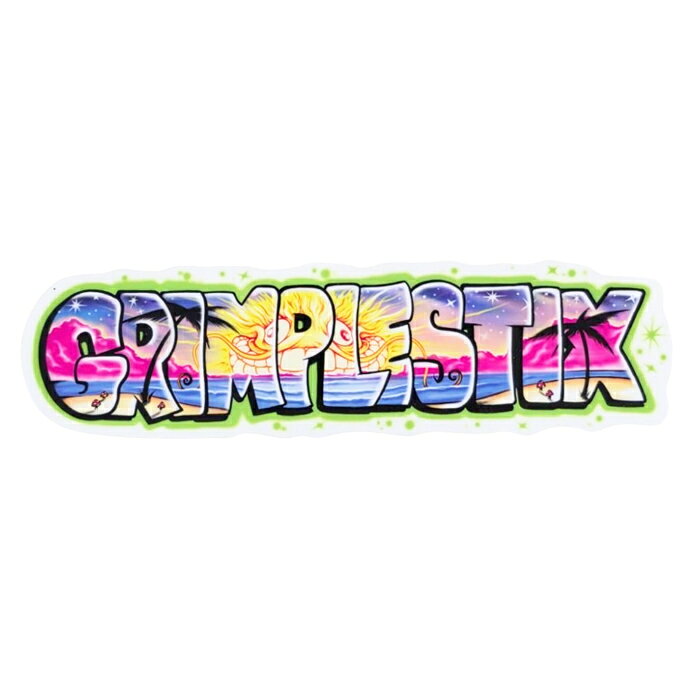 ANTIHEROのゲストボードブランドGRIMPLE STIXです。 GRIMPLE BEACH のステッカーです。 SIZE 約 19 x 5.2 cm 注意：モニターの発色の具合によって実際のものと色が異なる場合がございます。GRIMPLE STIX / GRIMPLE BEACH STICKER 7.5"inch ステッカー