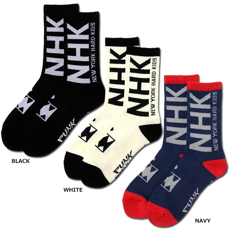 New York Hardcore Kids、縮めてNHK。 ハードコア好きもニューヨーク好きも必需品のアイテム。 素材：綿、アクリル、ポリエステル、ナイロン、ポリウレタン サイズ目安：25 ～ 28cm 【ご予約商品に関する注意事項】 ※ご予約の前に必ずお読みくださいませ。 ・ご予約のキャンセル・サイズ変更等は他のお客様のご迷惑となりますので、申し訳ございませんが理由を問わず一切お受けできません。 ・まとめてご注文頂いた場合、納品は一番納期の遅いものに合わせますので、納期ごとにご注文をお願いいたします。発売時期の異なる商品の分割発送は出来ません。 ・工場の生産の都合上納期が変更になる場合が御座います。 ・写真はサンプル品のため、実際の商品とは一部仕様が異なる場合がございます。写真は出来るだけ現物と同じになるよう撮影しておりますが、若干色味が違う場合もございます。商品の色味はパソコンやスマホ等のディスプレイの性質上、実際の色と異なって見える場合がございますので予めご了承ください。また、製品向上の為、改良やその他諸事情により製品の仕様を予告なく変更する場合が御座います。【ご予約商品に関する注意事項】 ※ご予約の前に必ずお読みくださいませ。 ・ご予約のキャンセル・サイズ変更等は他のお客様のご迷惑となりますので、申し訳ございませんが理由を問わず一切お受けできません。 ・まとめてご注文頂いた場合、納品は一番納期の遅いものに合わせますので、納期ごとにご注文をお願いいたします。発売時期の異なる商品の分割発送は出来ません。 ・工場の生産の都合上納期が変更になる場合が御座います。 ・写真はサンプル品のため、実際の商品とは一部仕様が異なる場合がございます。写真は出来るだけ現物と同じになるよう撮影しておりますが、若干色味が違う場合もございます。商品の色味はパソコンやスマホ等のディスプレイの性質上、実際の色と異なって見える場合がございますので予めご了承ください。また、製品向上の為、改良やその他諸事情により製品の仕様を予告なく変更する場合が御座います。