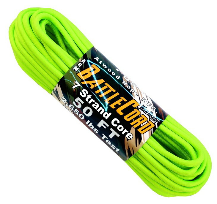 軍用 高品質 アトウッド ロープ/ATWOOD ROPE MFG バトルコード ネオングリーン 7Strand パラシュートコード/パラコード 15M 耐加重1200Kg キャンプなどに