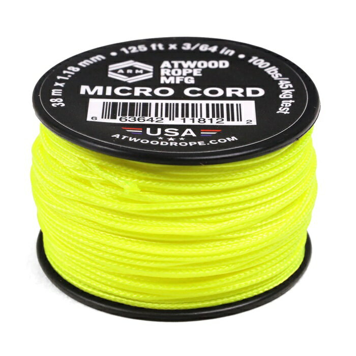 1.18mm マイクロコード アトウッド ロープ (ネオンイエロー) パラシュートコード パラコード 38M ATWOOD ROPE MFG 耐加重46Kg キャンプなどに 1