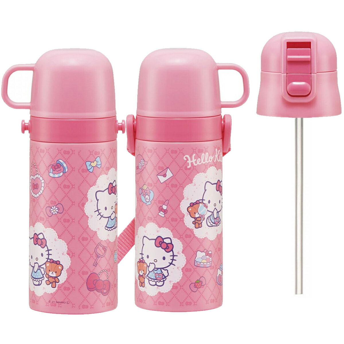 子供用2WAYステンレスボトルコップ&ストロー水筒SKCP3スケーター女の子ショルダーベルト付きプーさんハローキティ