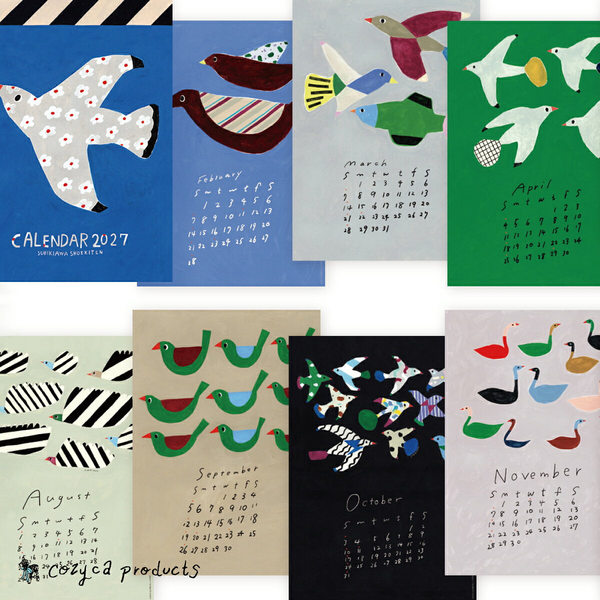 Subikiawa. カレンダー 2027【cozyca products】種類：Subikiawa. カレンダー 2027※完売の種類もございますので在庫情報をご確認ください。 Subikiawa. カレンダー 2027【cozyca products】 Subikiawa. カレンダーポップでカラフルな絵付け食器や絵画作品が人気のSUBIKIAWA SHOKKITENのカレンダー。いろんなトリさんが、1年間お部屋をおしゃれに彩ってくれますよ！ 作家紹介 SUBIKIAWA SHOKKITEN (スビキアワショッキテン) 「Subikiawa食器店」として、カラフルなグラスやお皿、絵画などの作品を次々生み出している作家・Subikiawa.さん。 おしゃれな食器や雑貨好きから、絶大な人気を誇っています。 そんなSubikiawa.さんがデザインするレターセットや一筆箋は、作品同様 他にはない世界観をかもしだしています。 cozyca productsがこだわって使用する「美濃和紙」や蛍光インクを使用して作り出される紙ものは、女子(かわいいもの好きの男子も)の心を掴んでやみません。 そして 眺めているだけで クスッと笑みがこぼれそうな、愛嬌のあるキャラクターがいるのもSubikiawa.さんの絵の魅力のひとつ。また、普通なら描かれないようなモチーフを、なんとも魅力的なモチーフにしてしまうところもSubikiawa.さんならでは。 ＞＞【Subikiawa ステーショナリー】グッズはこちらから 発送につきまして※必読 アロマージュプリュスではメーカー取り寄せのため発送まで1週間程度お時間を頂く場合がございます。 また、土日祝は休業のため、ご注文のタイミングによっては発送までお時間が掛かることを何卒ご了承くださいませ。 お急ぎの場合はお手数ですがメールにてお問い合わせください。 ※メーカー都合によりご注文完了後にキャンセルになる場合があります。 ※ご注文商品により保管場所が異なる為分納となる場合がございます。 ※最短発送ご希望の場合は指定日なしにてご注文くださいませ。 JANコード Subikiawa. カレンダー 2027:4961187257372 商品詳細 ※選択できない種類は完売となります。ご了承ください。 ■サイズA4サイズ（210×297mm）14枚入り ■素材紙 ■生産国日本 ■製品コード25-737 ＞＞【cozyca products カレンダー】別作家はこちらから 【作家別・アイテム別に検索！】
