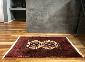 アンティーク オールド絨毯(e) W85cm×H65cm 北東 イラン バルーチ族 直輸入 本物 ペルシャ絨毯 メダリオン 孔雀 赤 エンジ アイボリー じゅうたん マット 玄関マット 寝室 リビング 手織り 極上 ウール100%北欧 ナチュラル インテリア 送料無料