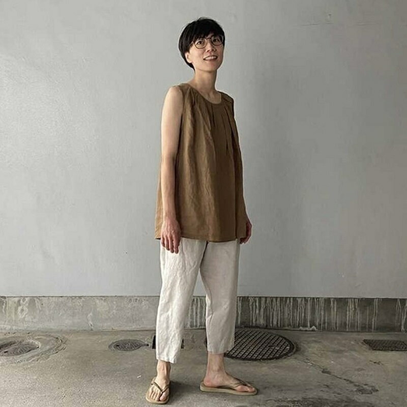 ICHI フレンチリネンシャンブレー タックノースリーブ プルオーバー 即納 210123 リネン100% コーラルピンク　ミント グレージュ ブラウン ichi イチ summer 夏服 ラスト1点のサムネイル