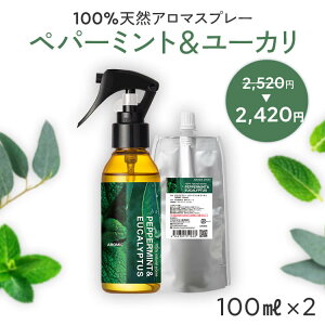 【通常価格から100円OFF】 天然アロマ 消臭スプレー ペパーミント&ユーカリ 2点セット(100ml＋100ml詰替用) | 精油 ペパーミント ミント ユーカリ グロブルス アロマ スプレー ルームフレグランス ルームスプレー 芳香剤 消臭 除菌 リフレッシュ アロミックスタイル