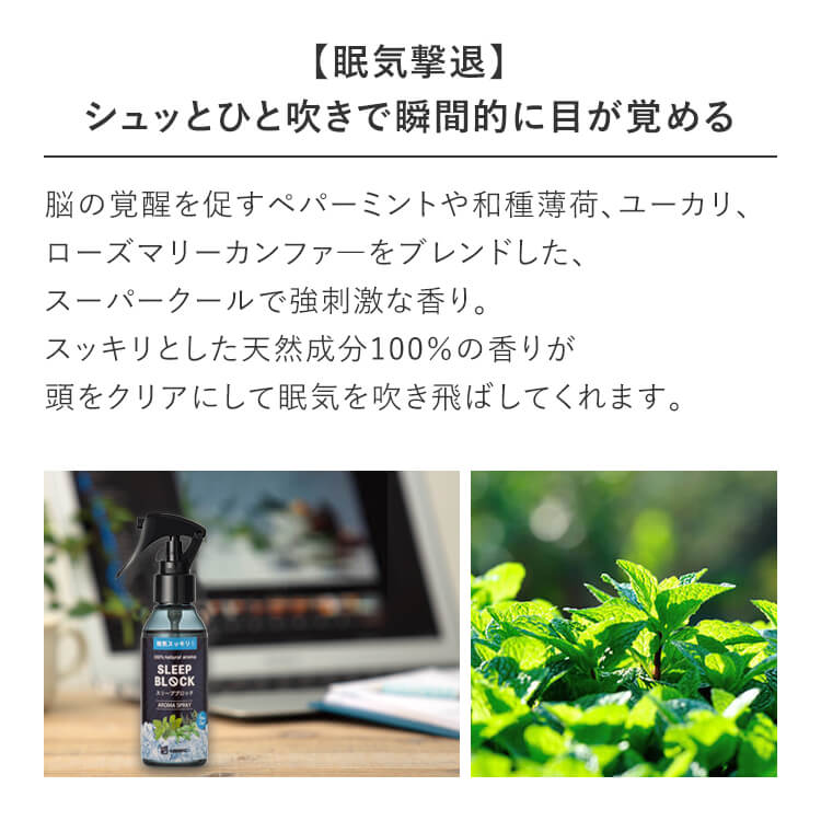 天然 眠気覚まし アロマスプレ— スリープブロック (100ml) | ハッカ 薄荷 ミント ...