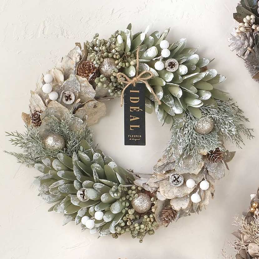 リース クリスマス シャンパン ゴールド 冬リース 造花リース花輪 ナチュラルリース 冬リース 造花 玄関 35cmオブジェ ウォールディスプレイ 壁飾り 壁掛けアートウォール ウォールデコレーション おしゃれクリスマスリース グリーンスパイラル L