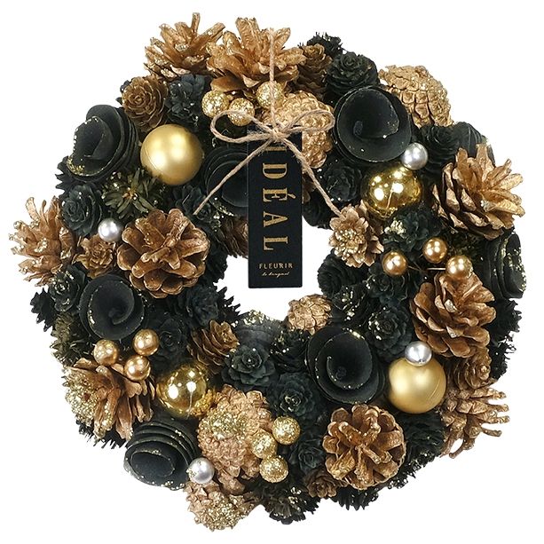 リース クリスマス シャンパン ゴールド ブラック 冬リース 造花リース 花輪 ナチュラルリース 冬リース 造花 玄関 25cm オブジェ ウォールディスプレイ 壁飾り 壁掛け アートウォール ウォールデコレーション 黒 金 おしゃれ クリスマスリース スターリーナイト ブライト M