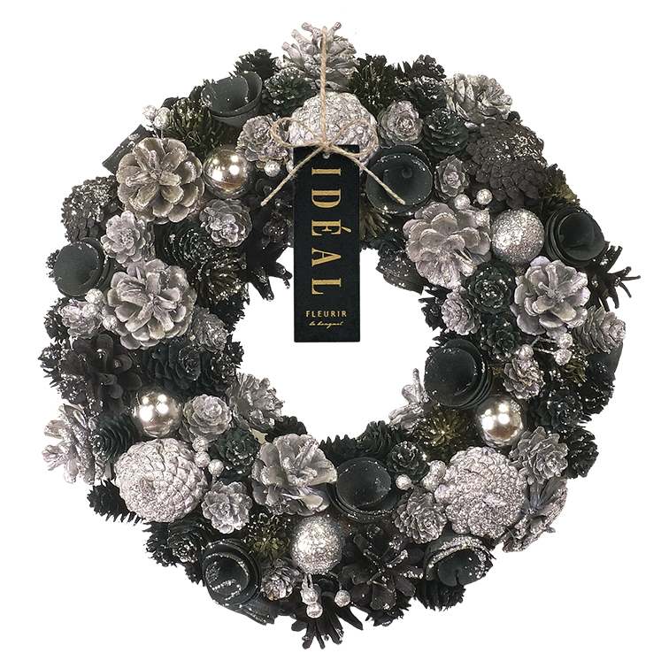 リース クリスマス シャンパン シルバー ブラック 冬リース 造花リース 花輪 ナチュラルリース 冬リース 造花 玄関 35cm オブジェ ウォールディスプレイ 壁飾り 壁掛け アートウォール ウォールデコレーション 黒 銀 おしゃれ クリスマスリース スターリーナイトサイレント L