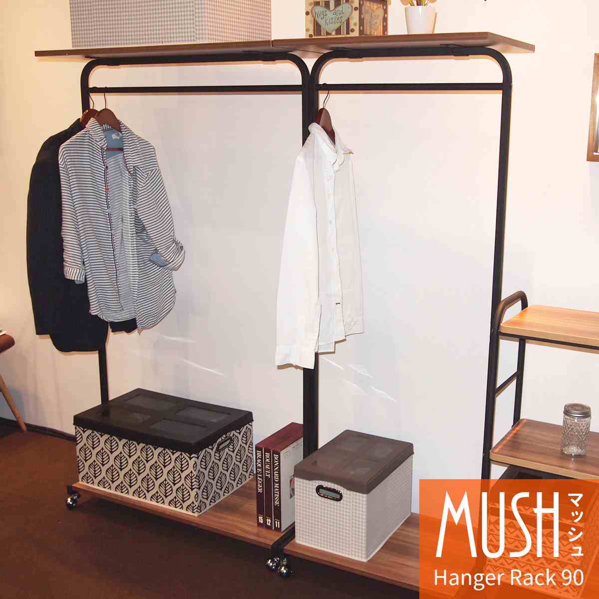 ハンガーラック幅90 オープンラック 本棚 収納家具 シェルフ アイアン パイプ デザイン ブラウン ナチュラル おしゃれ シンプル モダン インテリア コートハンガーメーカー直送商品