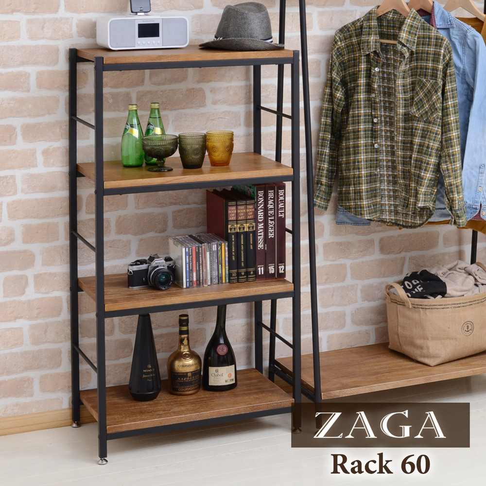 Rakuten - 木製ラック 4段／メーカー直送商品幅60cm オープンシェルフ ラック ウッドラックパイプラック アンティーク調 陳列棚 棚シェルフ 飾り棚 カフェ アイアン パイプレトロ調 ブラウン 茶色 茶系