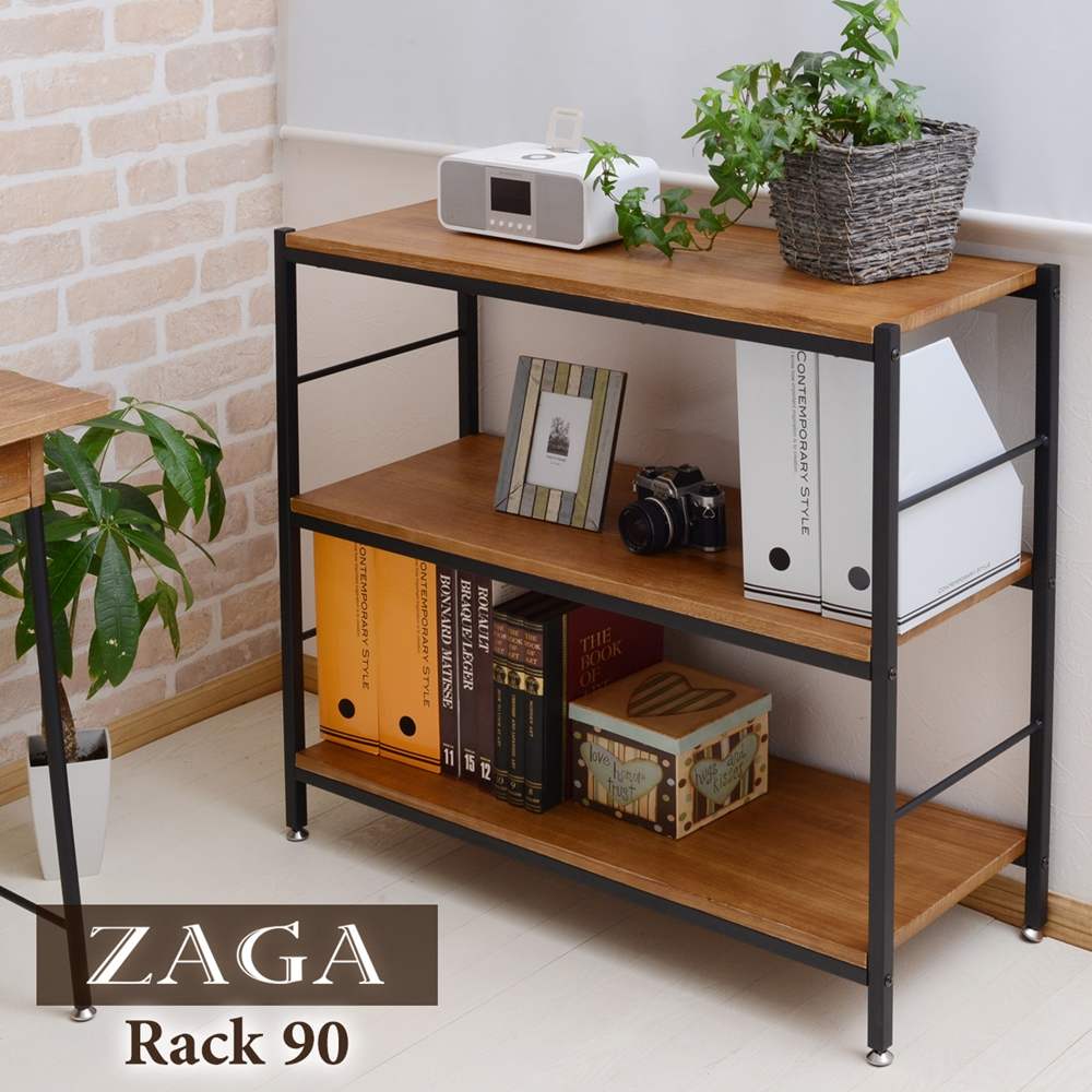 Rakuten - 木製ラック 3段／メーカー直送商品幅90cm オープンシェルフ ラック ウッドラックパイプラック アンティーク調 陳列棚 棚シェルフ 飾り棚 カフェ アイアン パイプレトロ調 ブラウン 茶色 茶系
