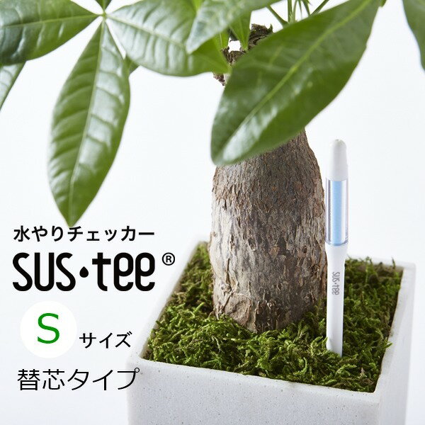 サスティーは、水やりのタイミングを色の変化でお知らせ♪誰でも簡単に電池を使わないから挿すだけで使えます。「表面の土が乾いたらたっぷり」だけでは分からない枯らしてしまう原因の多くは、水のあげすぎによる「根腐れ」によるもの。その要因は「土」、「菌」、「水やり」だと言われています。「土」と「菌」は多くの企業や研究機関が改良を重ね、最適な状態で販売されています。 しかし、「水やり」だけは最適なタイミングを自分で判断しなければなりません。そこで・・・　「簡単に」＝「鉢植えに挿すだけで」　「誰でも」＝「子供から大人まで」　「わかりやすく」＝「色の変化で」 教えてくれる。そんな理想の水分計があったら良いなから生まれた商品です。 サイズおよび質量 〔サイズ〕　W10mm×D8mm×H120mm 〔質　量〕　約7g カラー 〔グリーン〕　葉っぱと同系色のグリーン。 　　　　　　　新芽よりもちょっと落ち着いた色です。 〔ホワイト〕　透明感のある陶器の鉢をイメージ。 　　　　　　　白いお花にもピッタリです。 〔ブラック〕　土に同化してあまり目立たちません。 材　質 〔材　質〕　ポリカーボネイト（本体） 　　　　　　防腐剤処理済み不織布（リフィル） Susteeを使用可能な植物／土 〔植　物〕　パキラ・バラ・カーネーション・胡蝶蘭 　　　　　　シクラメン・ドラセナ・ポトス・プルメリア 　　　　　　レモンバーベナ・ローズマリー・コーヒーの木 　　　　　　サンスベリア・ブラックベリー・オリーブ 　　　　　　マーガレット・ラナンキュラス・モンステラ 　　　　　　ゼラニウム etc 〔　土　〕　ミズゴケ・ハイドロカルチャー・園芸培養土 　　　　　　バーク・ココピート・ピートモス 　　　　　　バーミキュライト etc ご注意 下記の点につきまして、あらかじめご了承願います。 1．お客様ご使用のブラウザー及び撮影時の光の加減により、 　 画面上と実物では多少色合いや質感が異なって見える場合 　 もございます。写真と色合いや見た目が違う場合がござい 　 ますことをご理解下さい。 2．インジケータ部位の線は加工による仕様であり、不良品 　 ではございませんのでご了承下さい。 　 本製品の周辺の土に水分が足りていない場合は色が変化し 　 ません。植物の株元近くにまっすぐ挿し、水をたっぷり与 　 えて下さい。インジケータ部位の色は徐々に変化し、土の 　 種類によっても色の変化する速度は異なります。 3．本製品の交換次期の目安は約1年です。 　 使用期限を迎えると水を与えても常に白色の状態が3日以 　 上続きます。製品下部の吸水口部が腐食及び分解されてい 　 ましたら交換の時期です。 　 有機物（堆肥・腐葉土など）が特に多い土壌、土壌消毒処 　 理の施されていない土壌は製品寿命が1年未満になること 　 があります。 4．本製品は水やりの時期を色の変化で表示しますが、その時 　 期を保証するものではありません。 　 水やりの時期を逃したことにより、植物が枯れた場合の責 　 任は一切負いかねます。 5．乳幼児が誤って口に入れないよう、お取扱いには十分ご注 　 意下さい。 6．使用例の写真に写っている小物等は、商品には付属致して 　 おりません。 ＊上記、商品の特性をご理解の上、お買い求めいただきます 　よう、お願い申し上げます。sus・tee/サスティー Sサイズ（替芯タイプ） sus・teeシリーズ Sサイズ Mサイズ Lサイズ