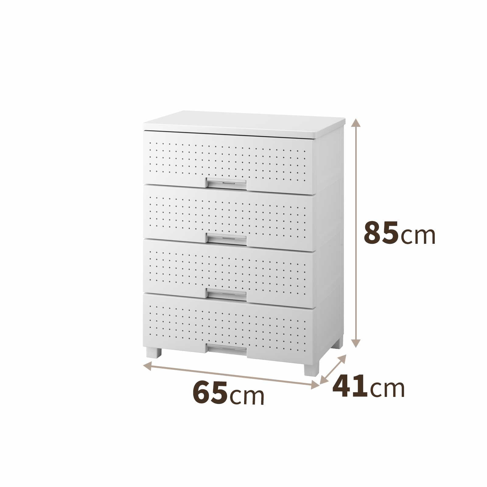 カラー ホワイト 最大外寸（約） 幅65×奥行41×高さ85cm 有効内寸（約） 幅57×奥行34.5×高さ15cm（×4段） 商品重量（約） 13kg 収納の目安（約） 各引出しにトレーナーなら10枚 セーターなら6枚、Yシャツなら8枚 引出し耐荷重（約） 5kg 天板耐荷重（約） 10kg 前パネル耐荷重（約） 1kg 材　質 【本体・引出し・ロック・ローラー・脚】ポリプロピレン 【滑り止め】ポリエチレン 【前パネル】スチロール樹脂 【天板】プリント化粧木質繊維板 付属品　すべり止め付き専用脚（4個） 別売キャスター対応　差込式キャスター40（ストッパー付き） 大人気収納チェスト「フィッツプラスシリーズ」の中でも特に見せる収納に特化した「フィッツプラス デコ」です。 市販のフックを掛けることで自分だけのオリジナル引出しを楽しめます。 小物置きなどにもご活用ください。 【2022年10月発売】