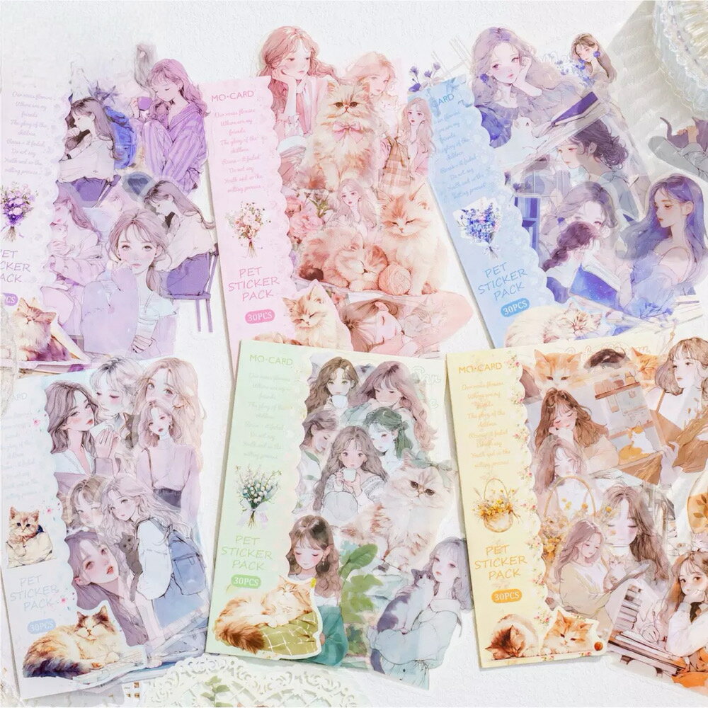 猫と少女シール【30枚入り／内訳15種類×各2枚】シール帳 PETシール コラージュ素材 学生 女子大生 ゆるふわ フェミニン 猫 cat 人物 ねこ girl 花 植物 家 フラワー メルヘン レトロ アンティーク 推し活